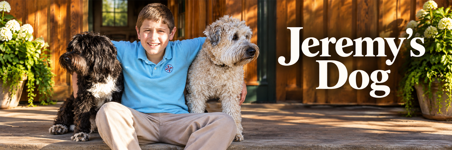 Jeremy’s son sitting on the porch with Scout and Duke